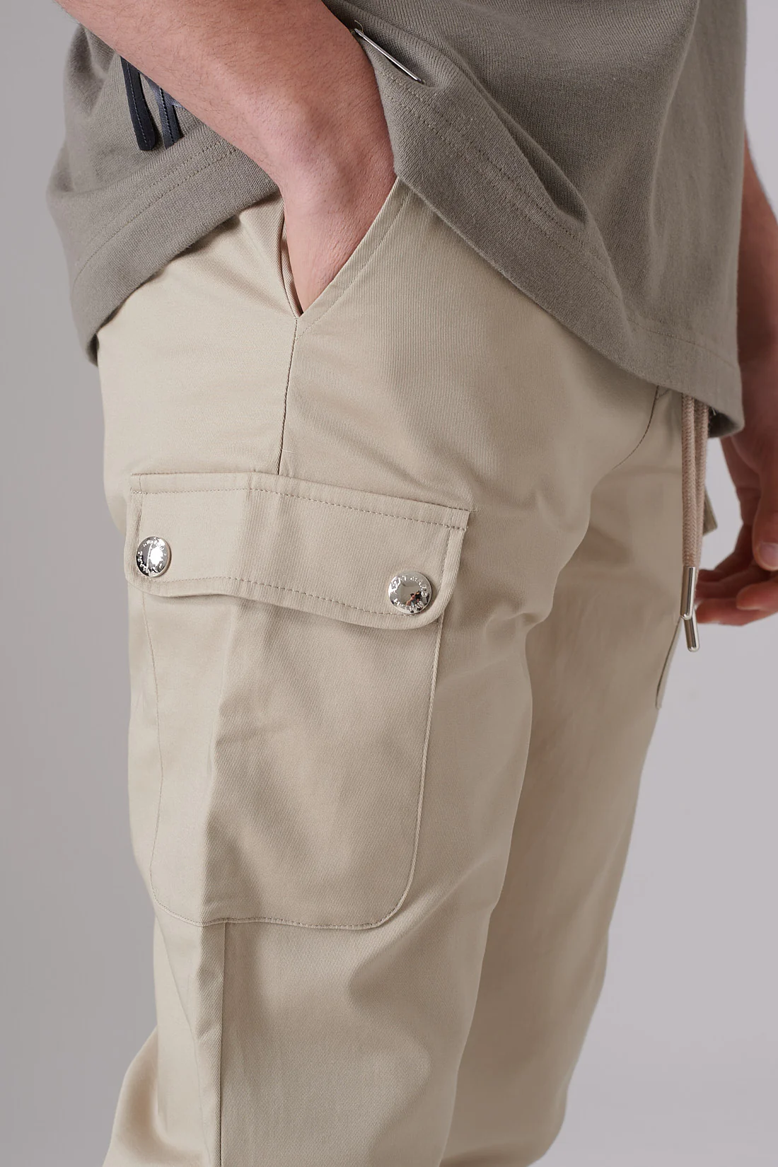 PLAQUE POCKET DETAIL BEIGE TWILL PANTS - Image 5